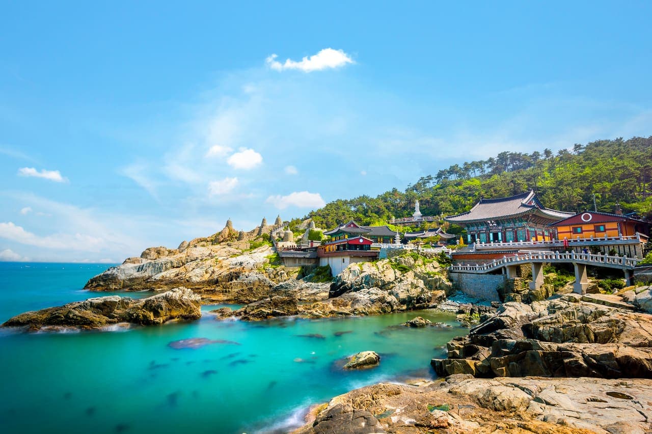 Busan coastline with a seaside temple on the rocks