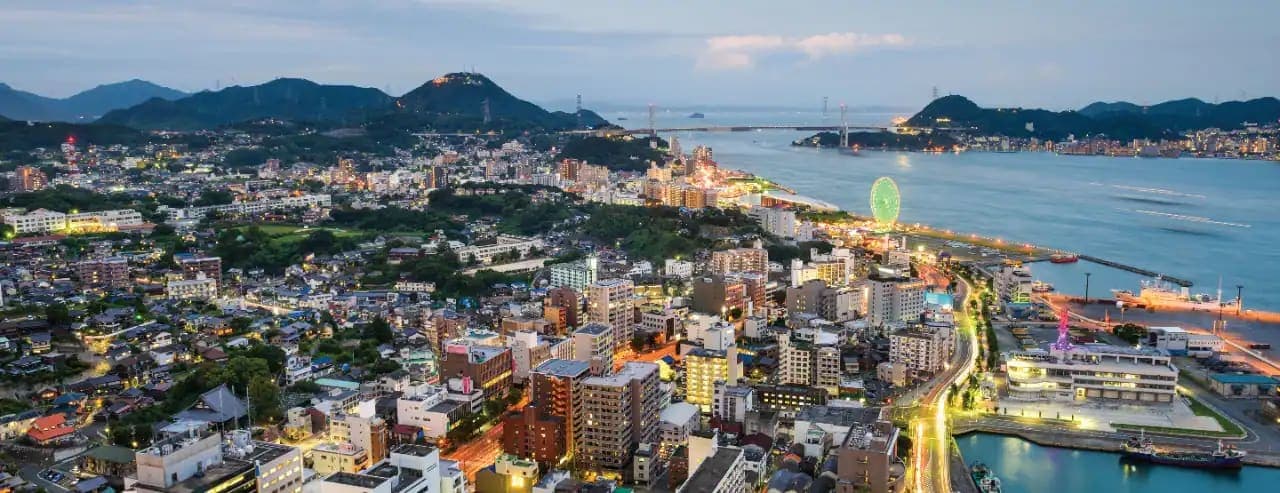 Shimonoseki waterfront on the Kanmon Strait at dusk
