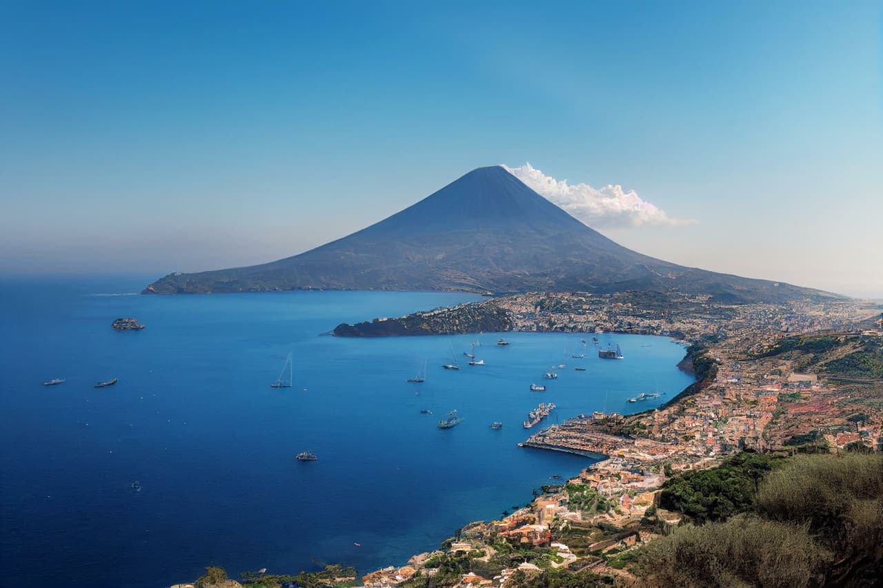 Aeolian volcano island from the air, off Sicily