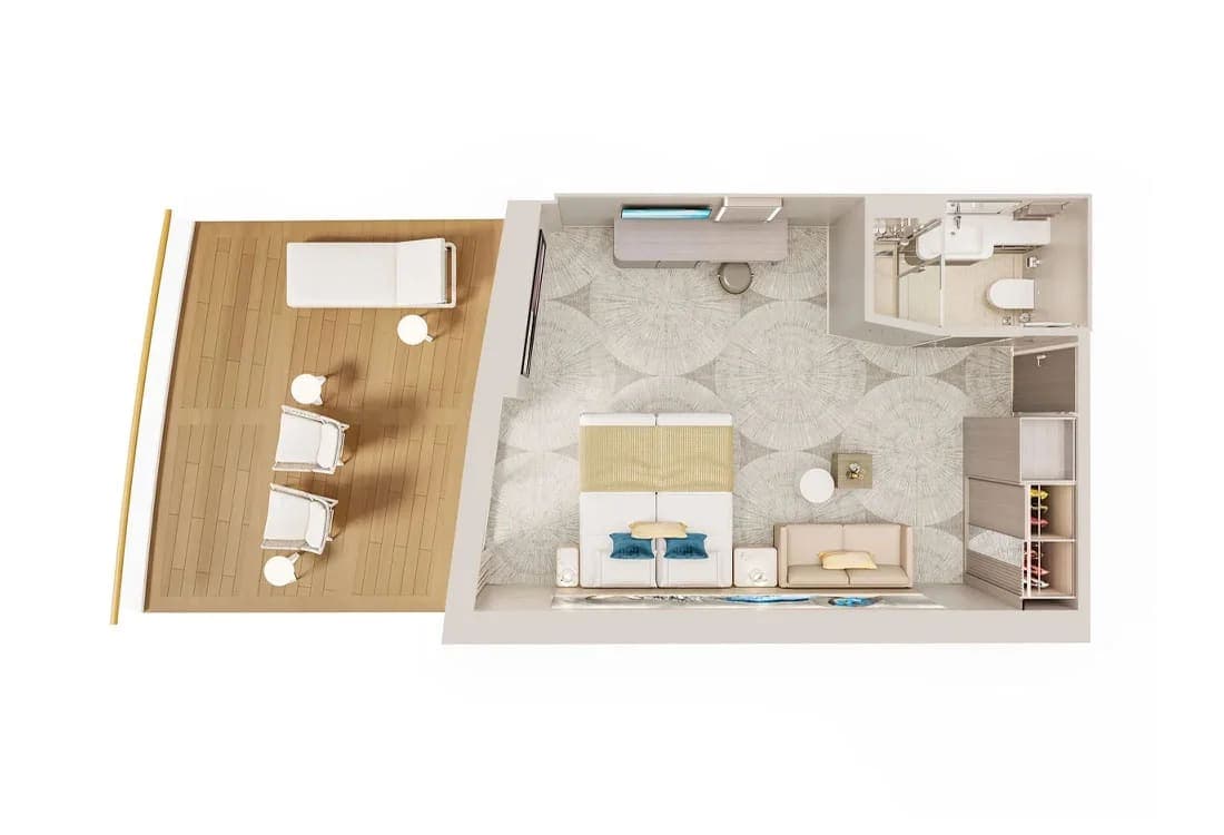 Forward-Facing Club Balcony Suite with Large Balcony floor plan, Norwegian Prima