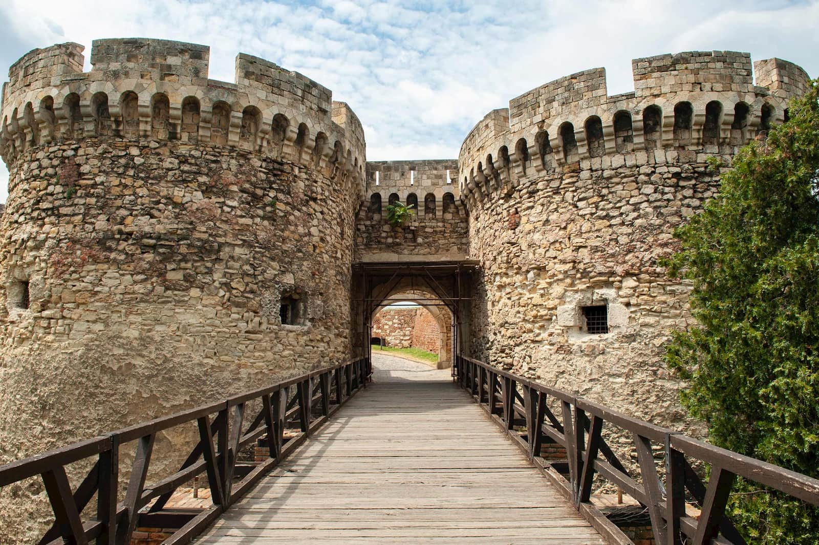 Stone entrance towers and wooden bridge at Belgrade Fortress