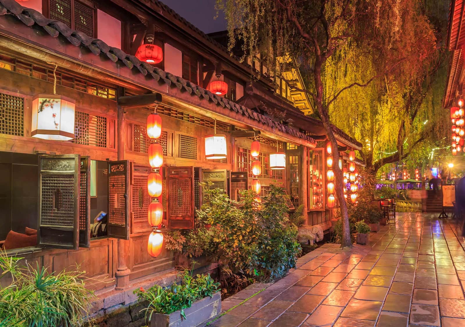 Illuminated night view of Jinli Street and the traditional Kuan and Zhai Alleys in Chengdu, China