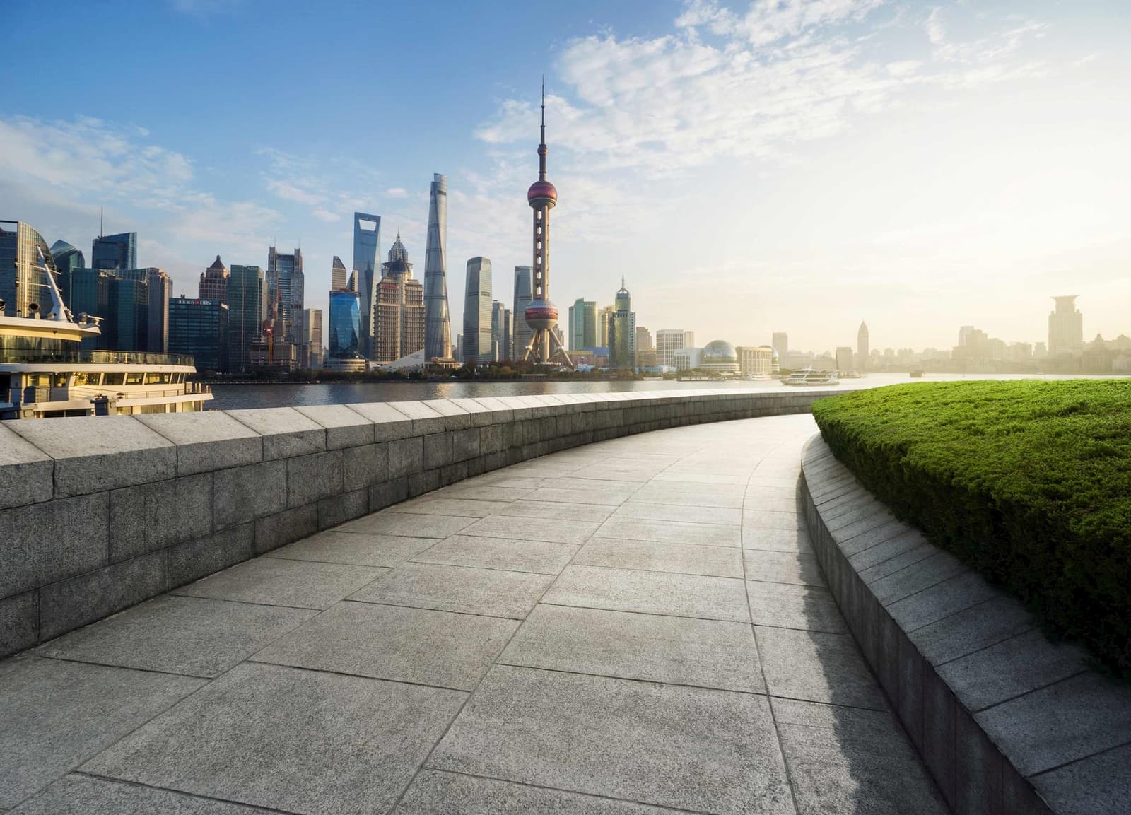 View of The Bund and Lujiazui cityscape from the river bank, Shanghai, China