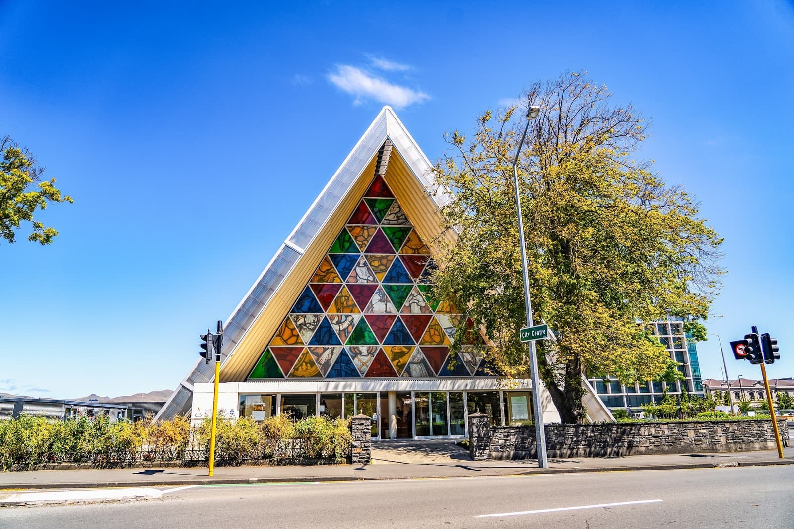 Exterior Of Colourful Triangular Cardboard Cathedral, Christchurch, New Zealand