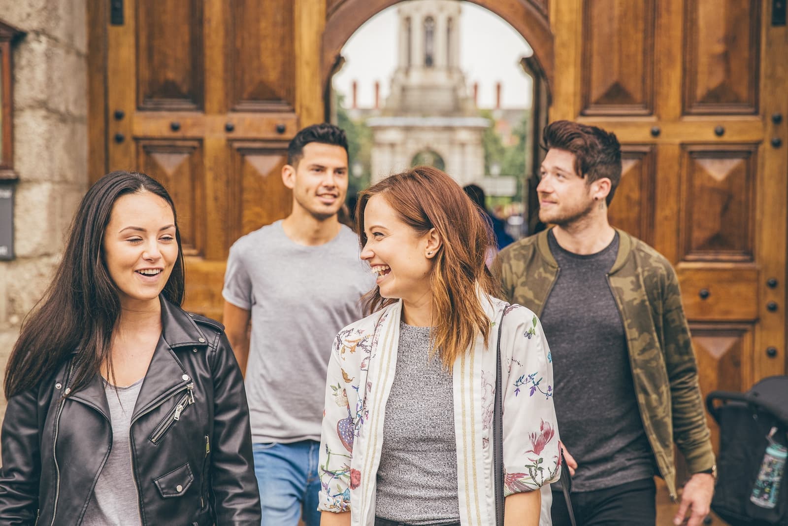 Travellers leaving Trinity College in Dublin, Ireland