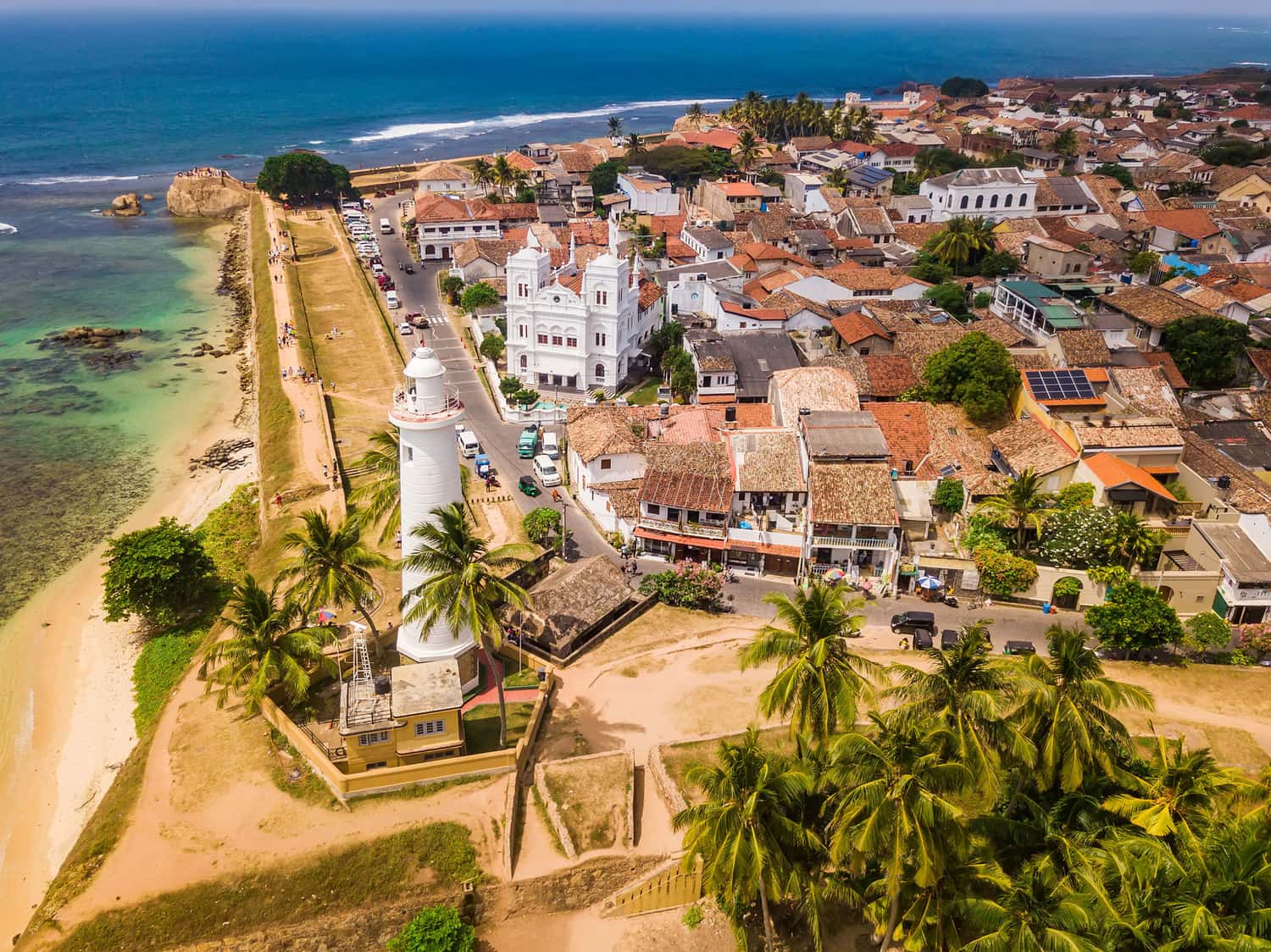 Aerial view of coastal town with Dutch Fort and lighthouse, Galle Sri Lanka