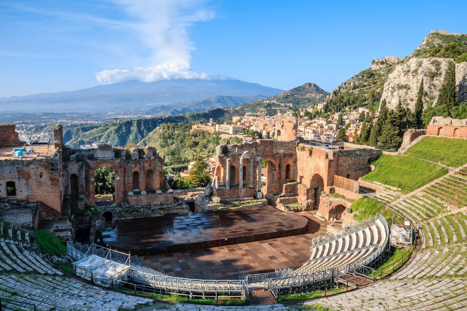 A view of Volcano Etna from the Greek Theatre of Taormina
