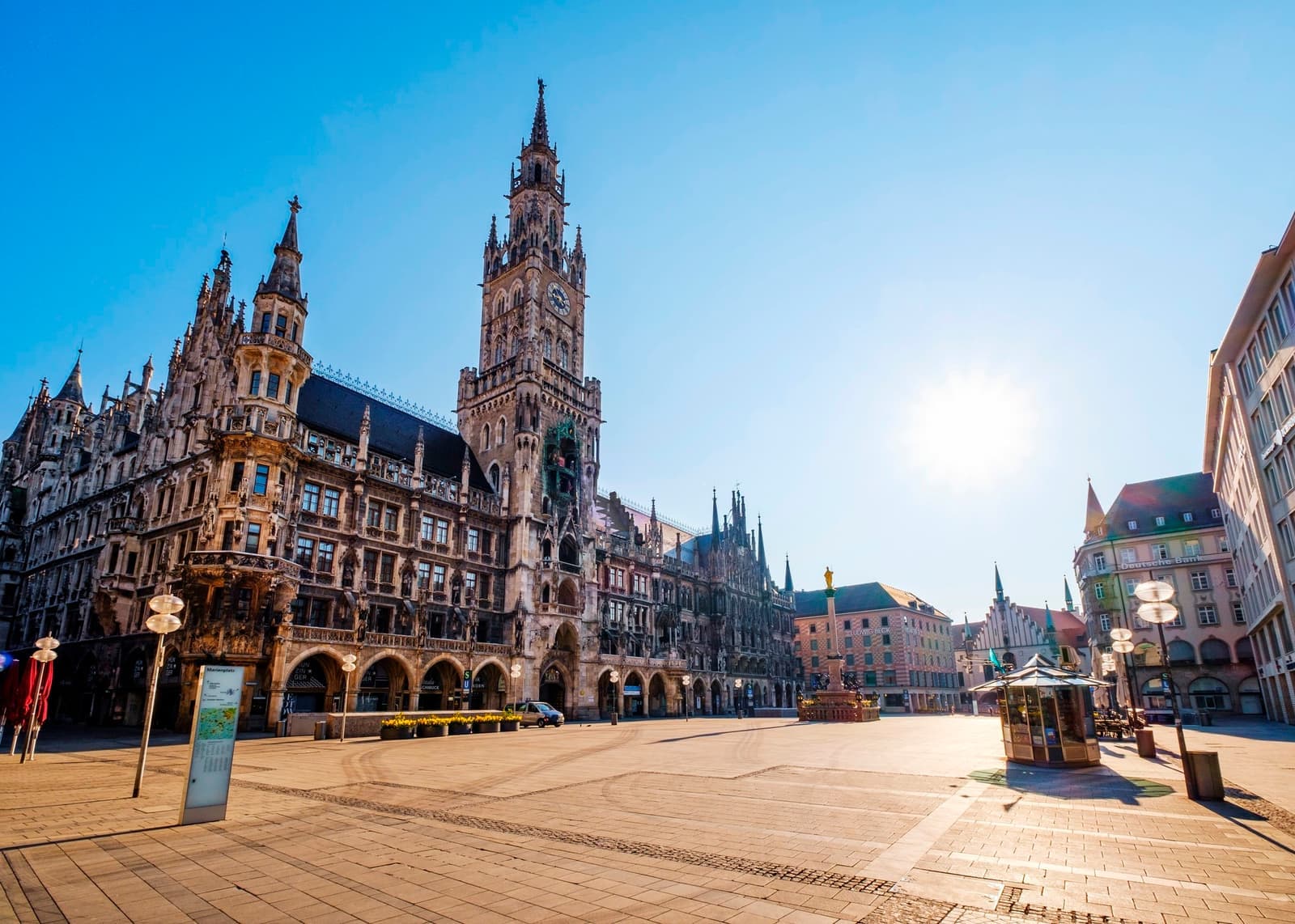 Sun shining over Marienplatz, Munich, Germany