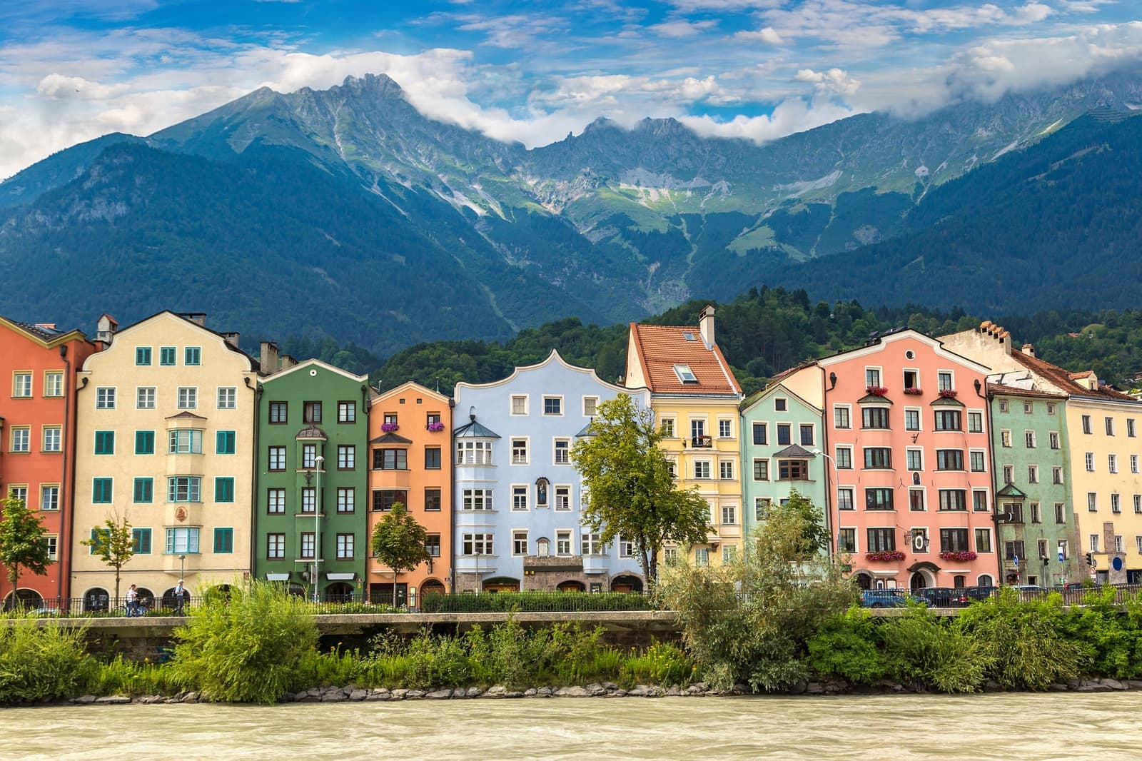 Scenic view of antique colourful buildings in Old Town Innsbruck, Austria