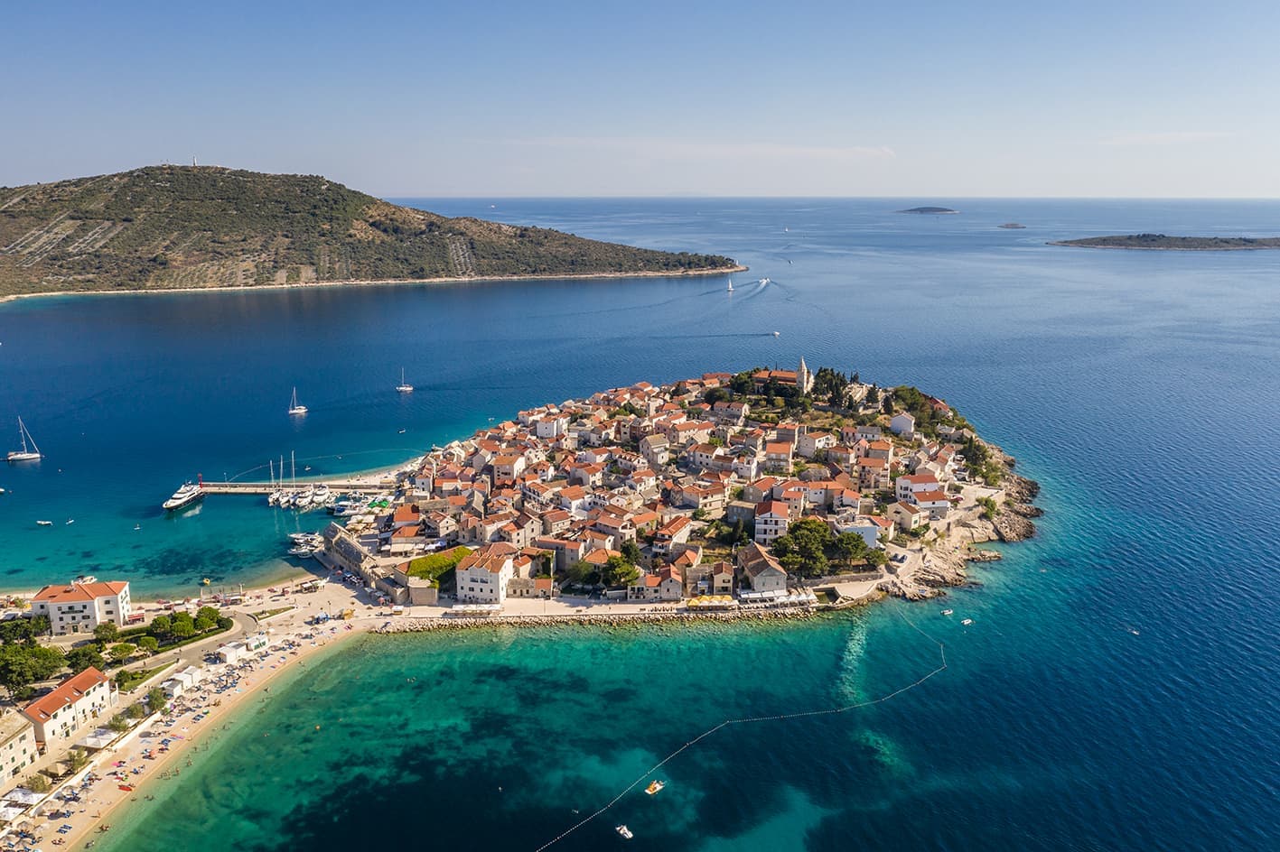 Aerial view of Primošten Old Town in Primošten, Croatia