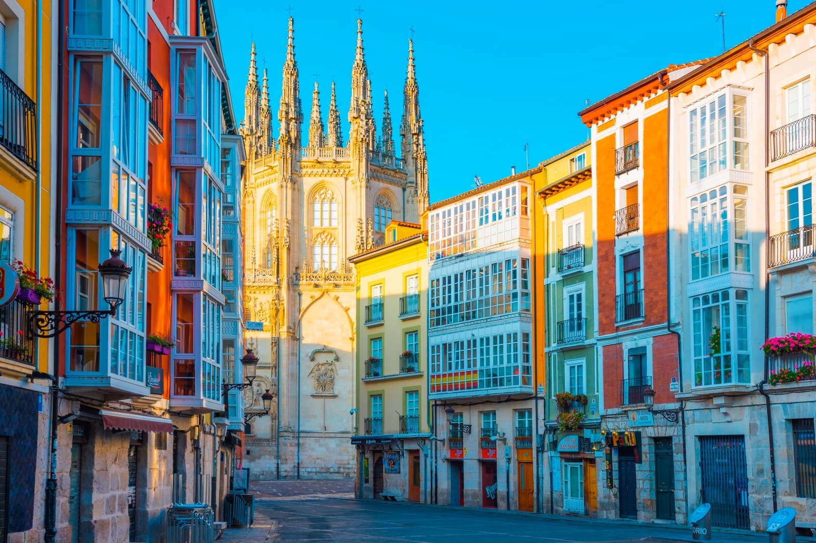 Colorful houses and the Burgos Cathedral, Burgos, Spain