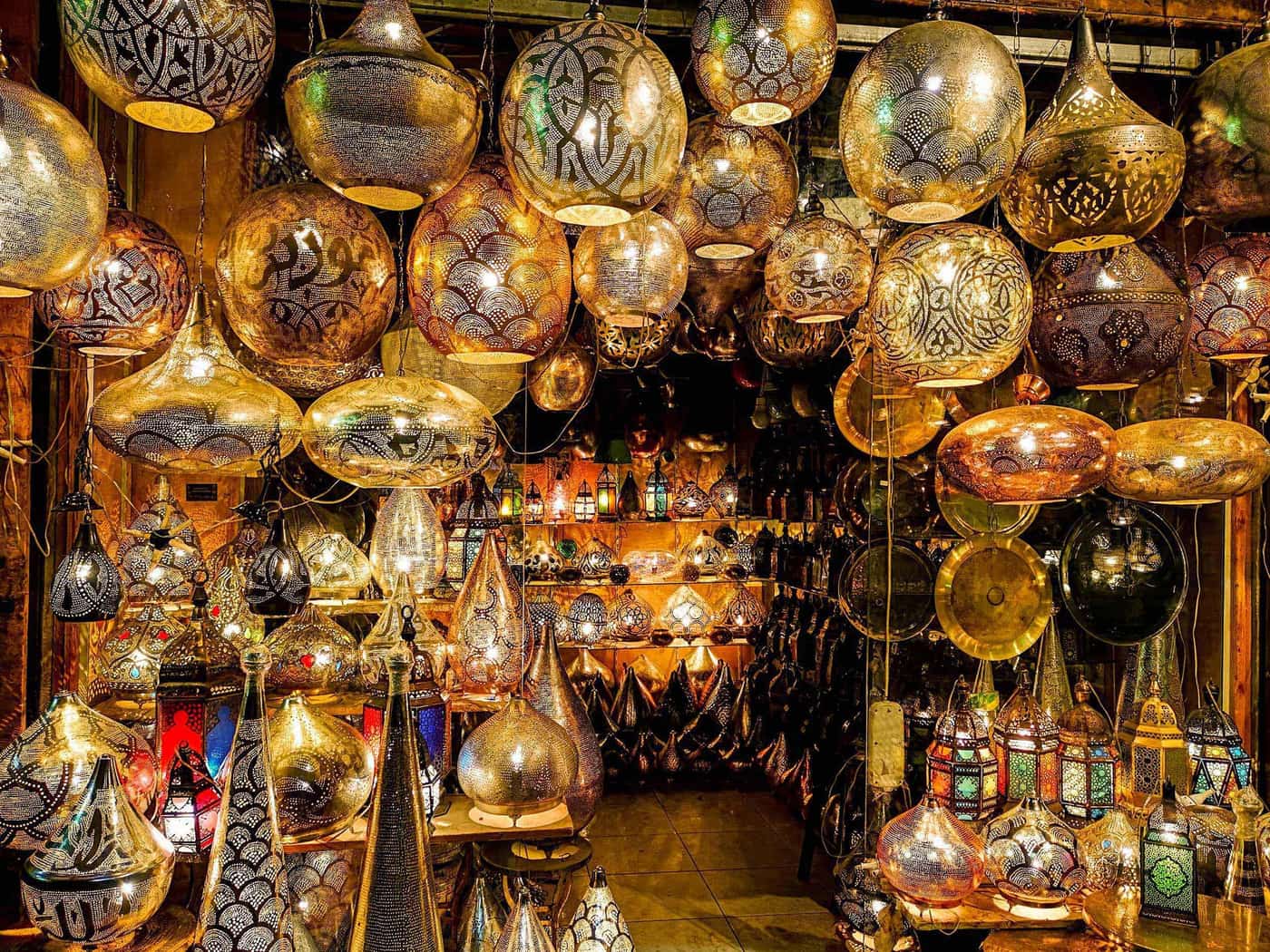 Traditional market stall displaying lanterns in Cairo, Egypt