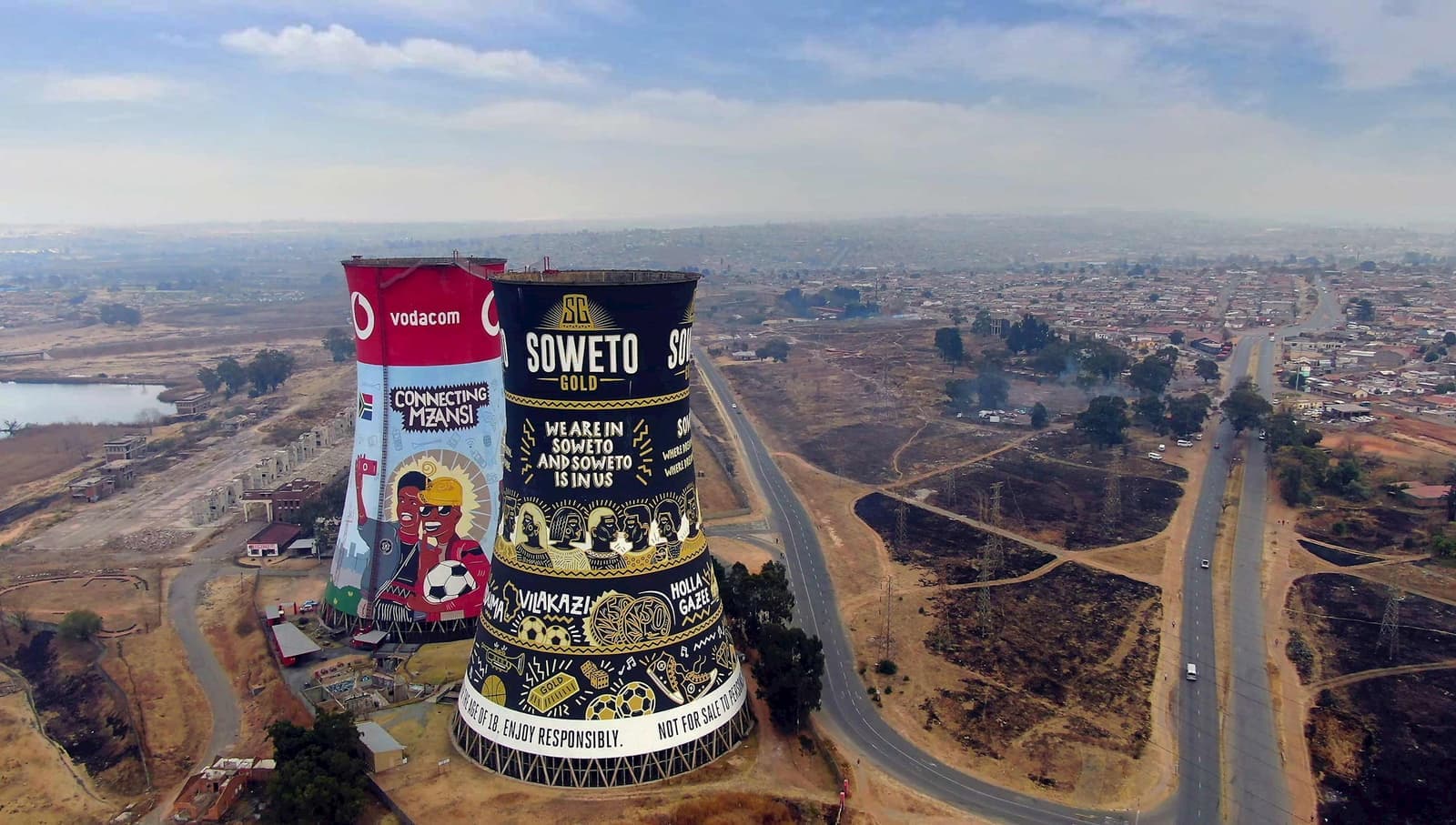 Aerial view of Orlando Power Station cooling towers, Soweto, Johannesburg