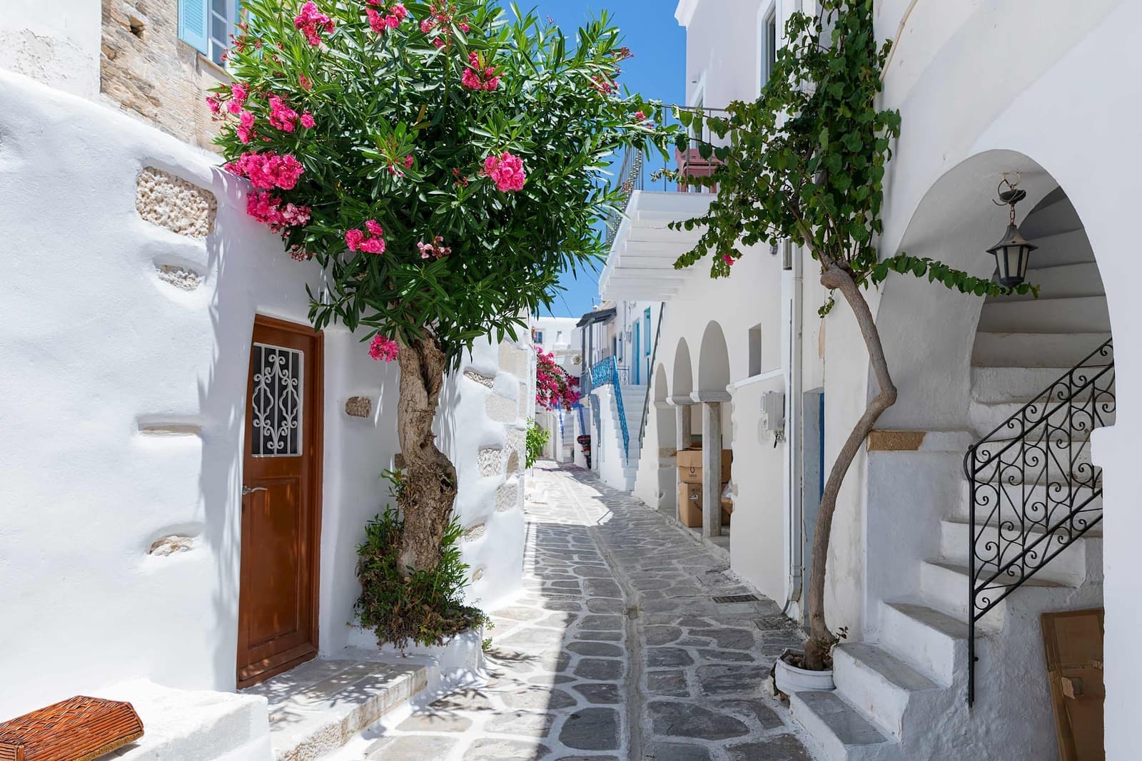 Narrow cobblestone alley with white walls and flowers, Santorini, Greece