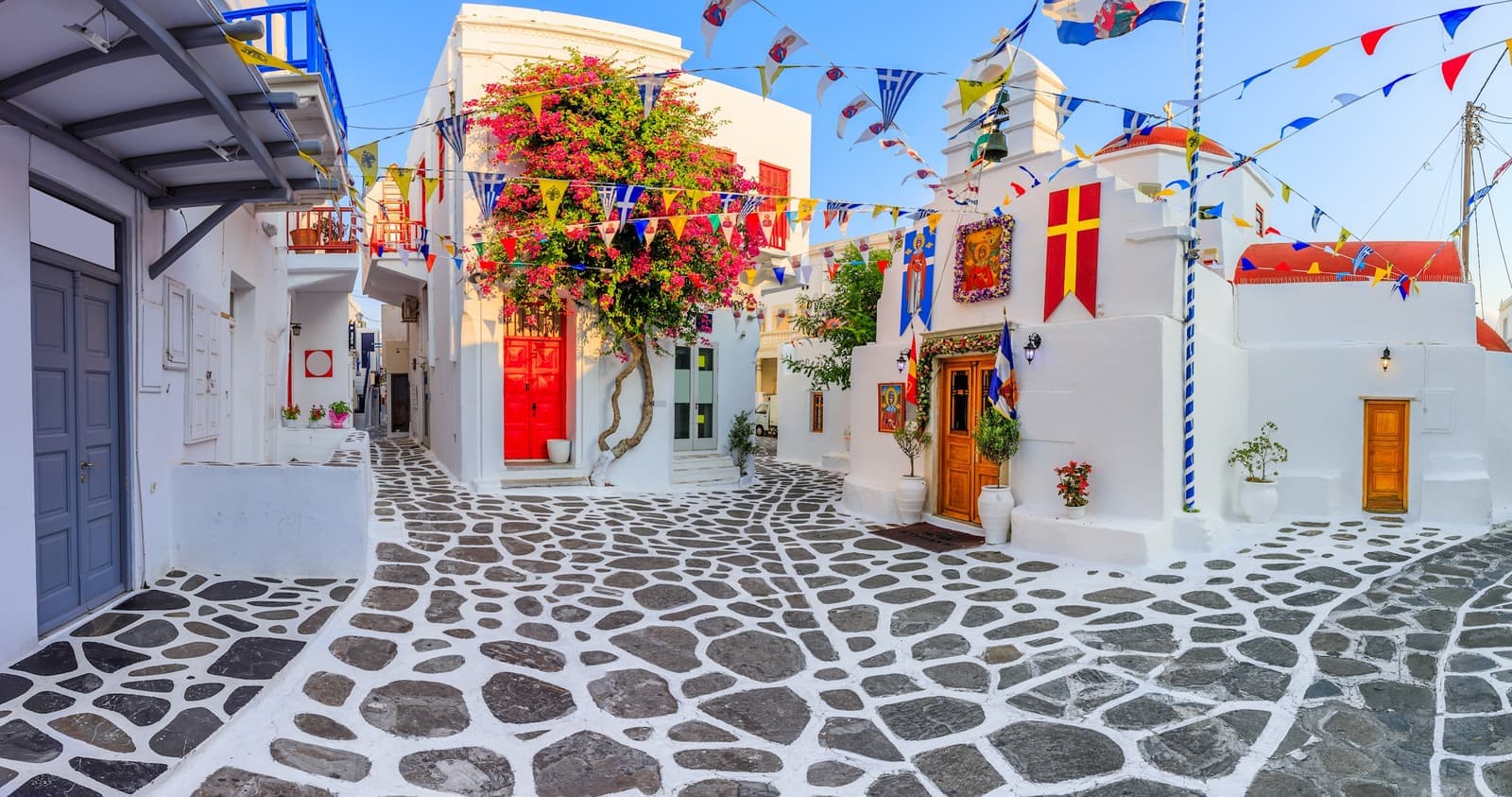 The colourful streets of Mykonos town, Greece.
