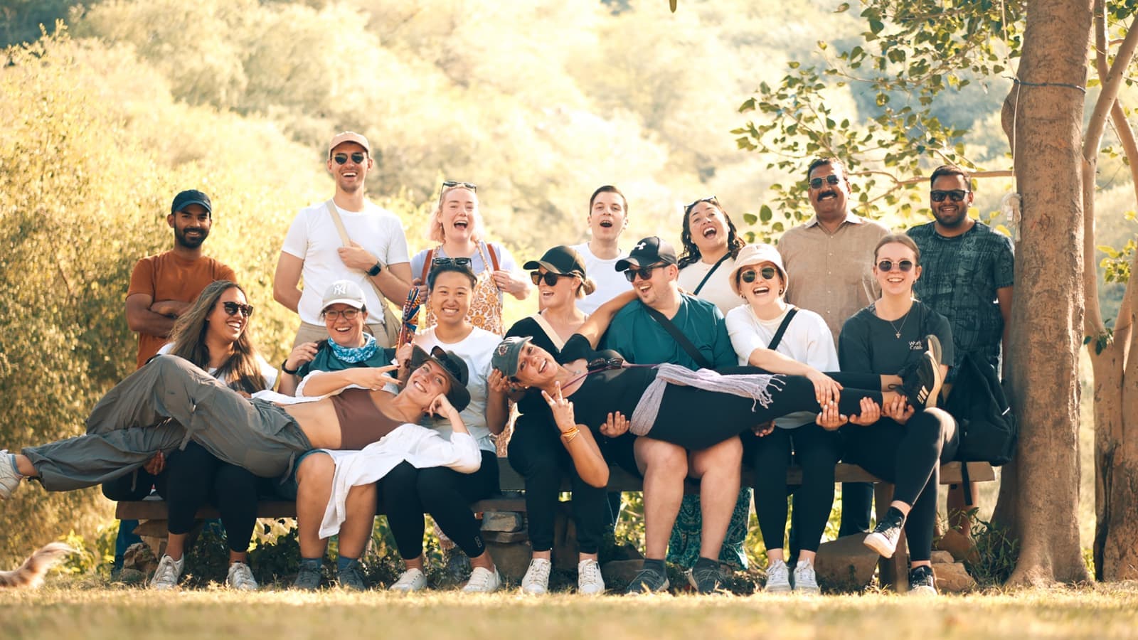 Large group of travellers posing for a group photo next to a tree in Udaipur, India