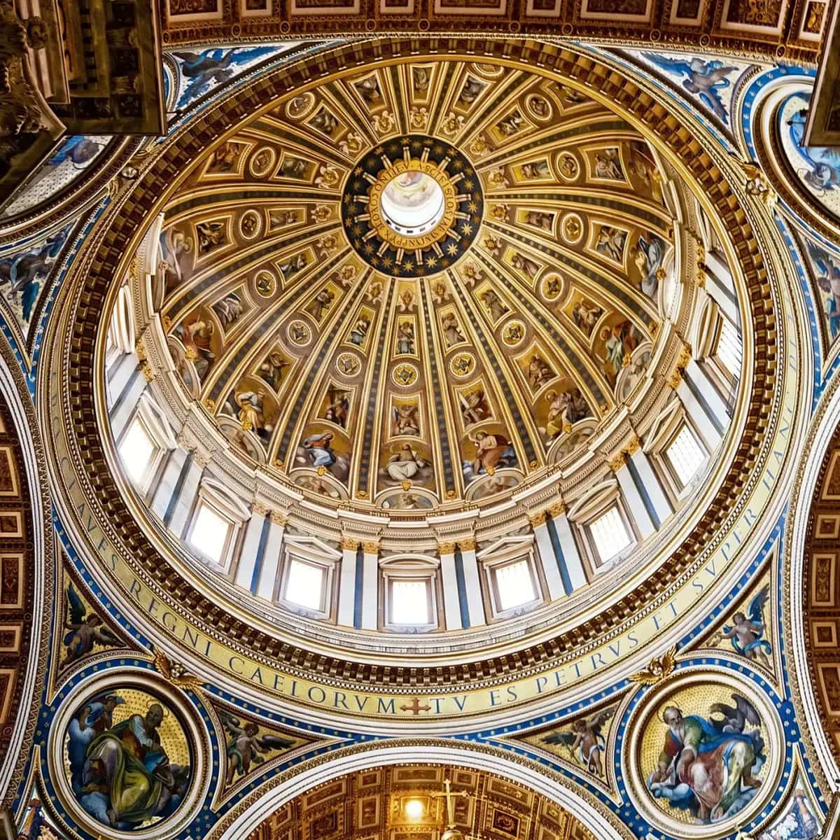 The golden mosaic dome inside St. Peter's Basilica in Vatican City.