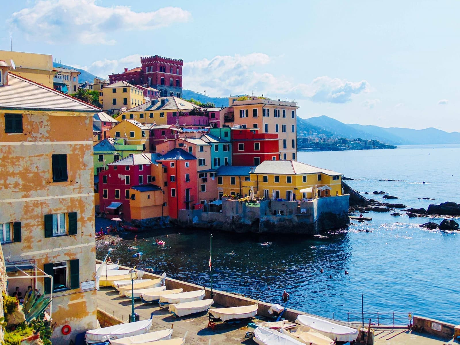 The colourful seafront buildings in Genoa, Italy