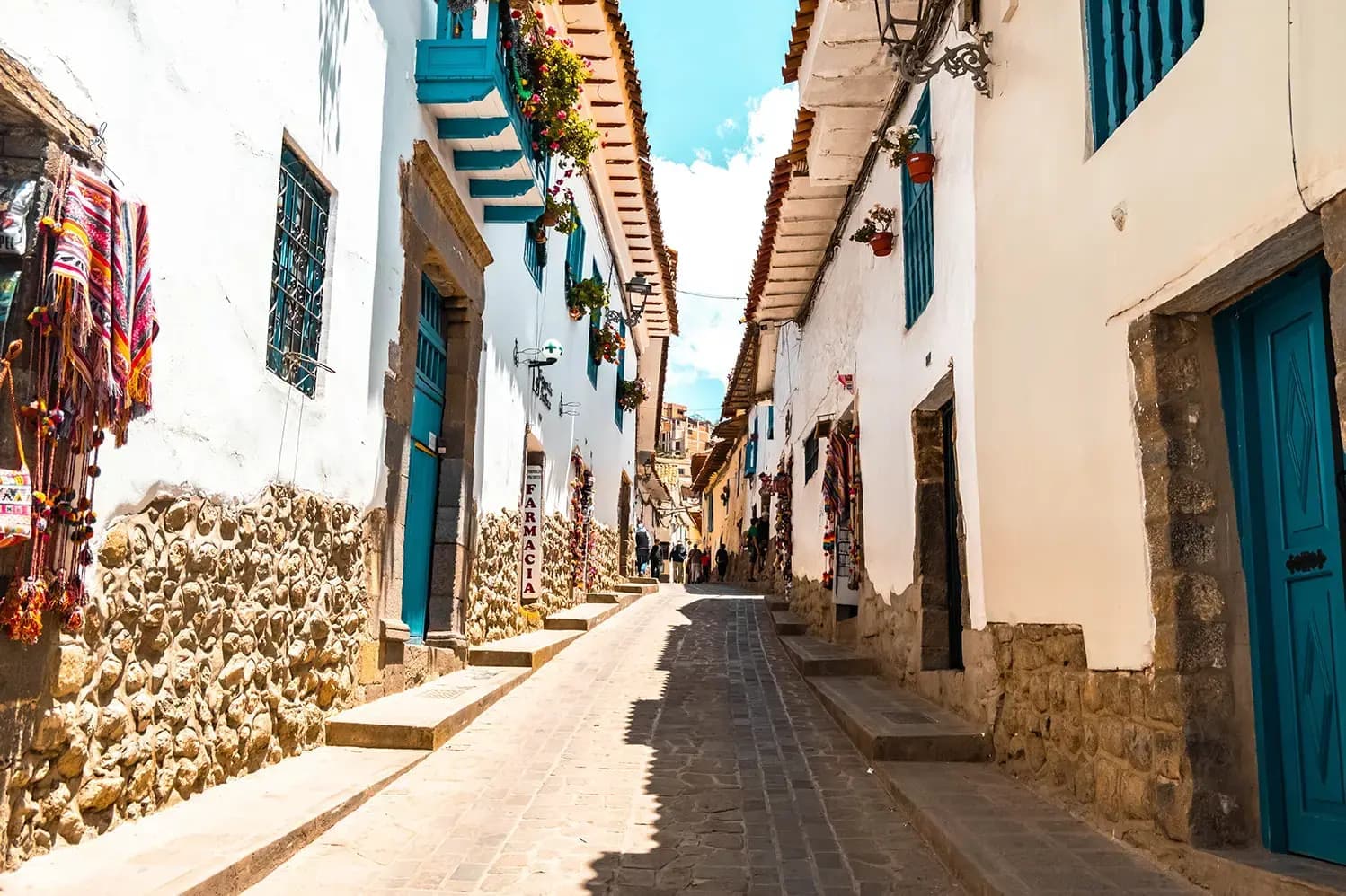 Sunny street in the San Blas neighbourhood, in Cusco, Peru