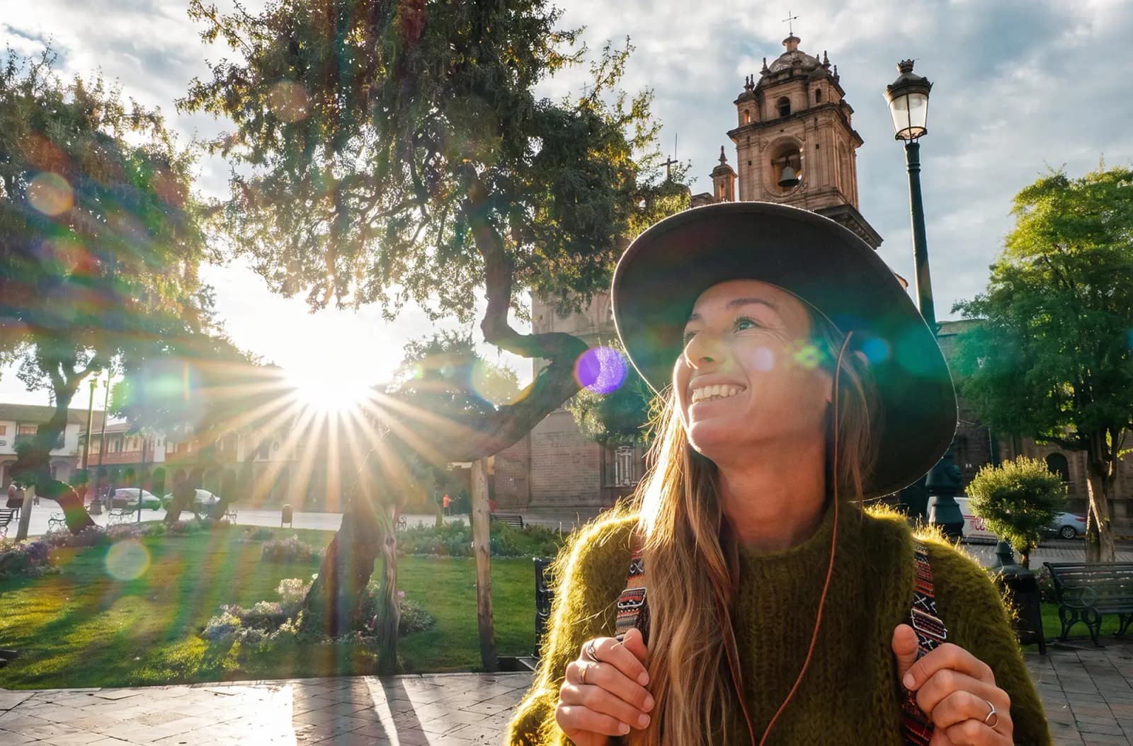 Day Hero Woman Smiling In Front Of Historic Cathedral, Cusco, Peru