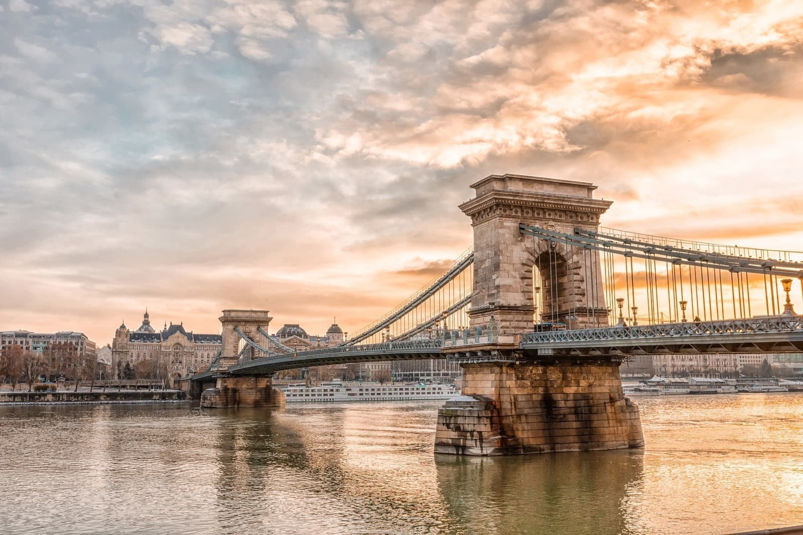 A view of Chain Bridge at sunset in Budapest, Hungary