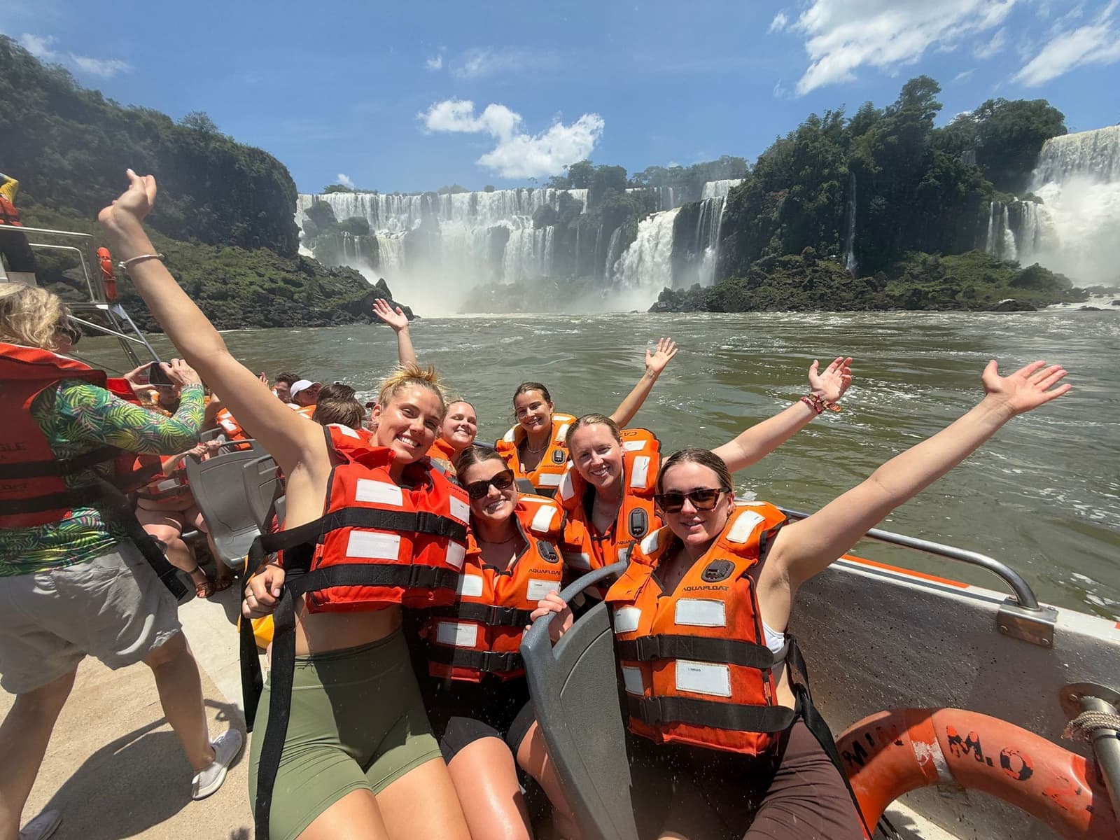 Travellers on a jet boat ride at the Iguassu Falls in Argentina