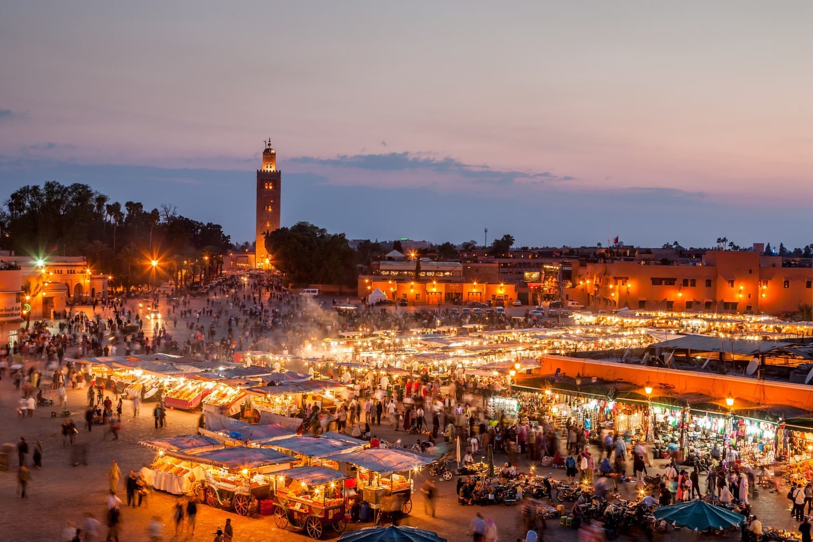 Sceniew view of Jemaa el Fna square at dusk in Marrakesh, Morocco