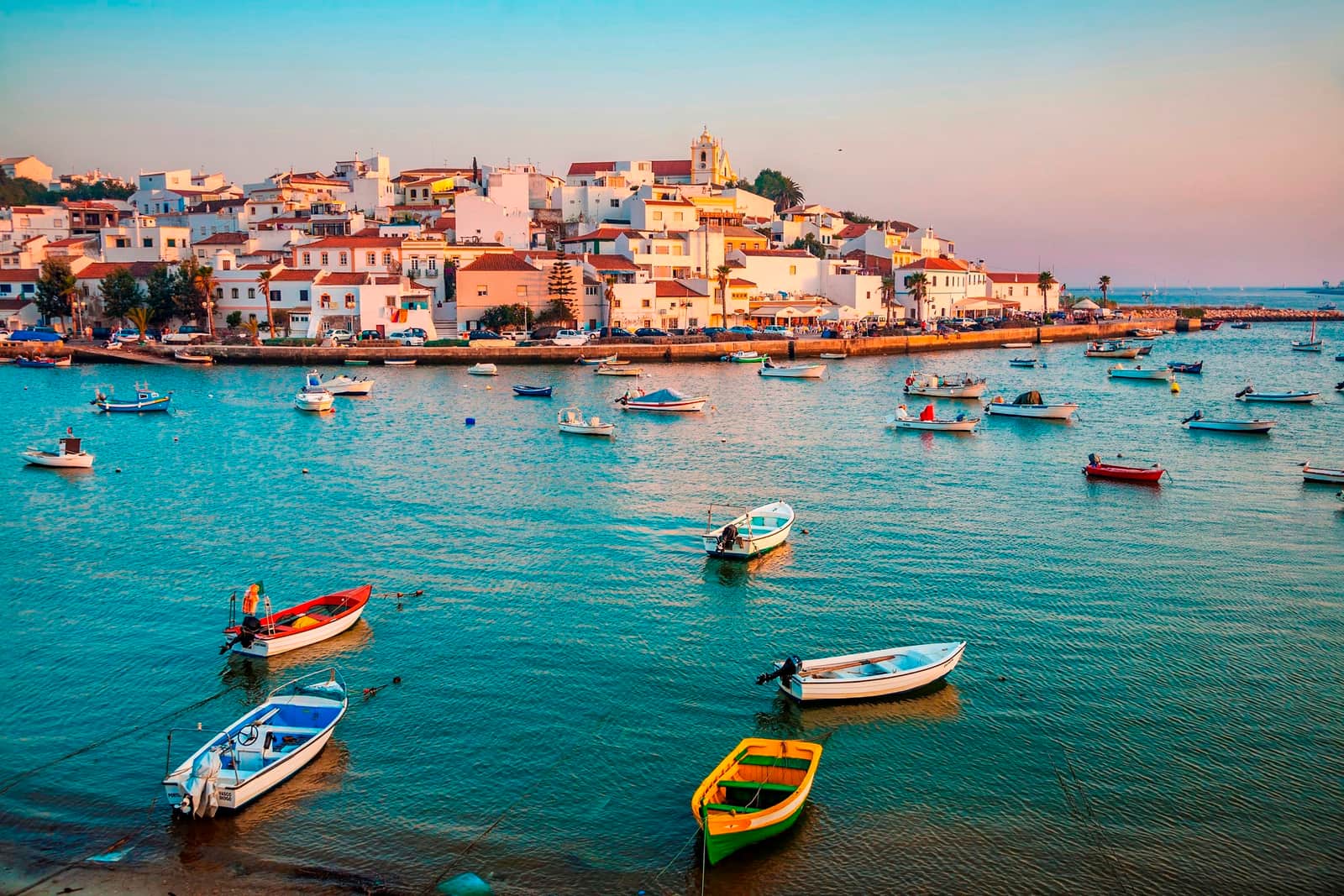Sunset on city of Ferragudo, Lagoa Municipality, Lagos Portugal