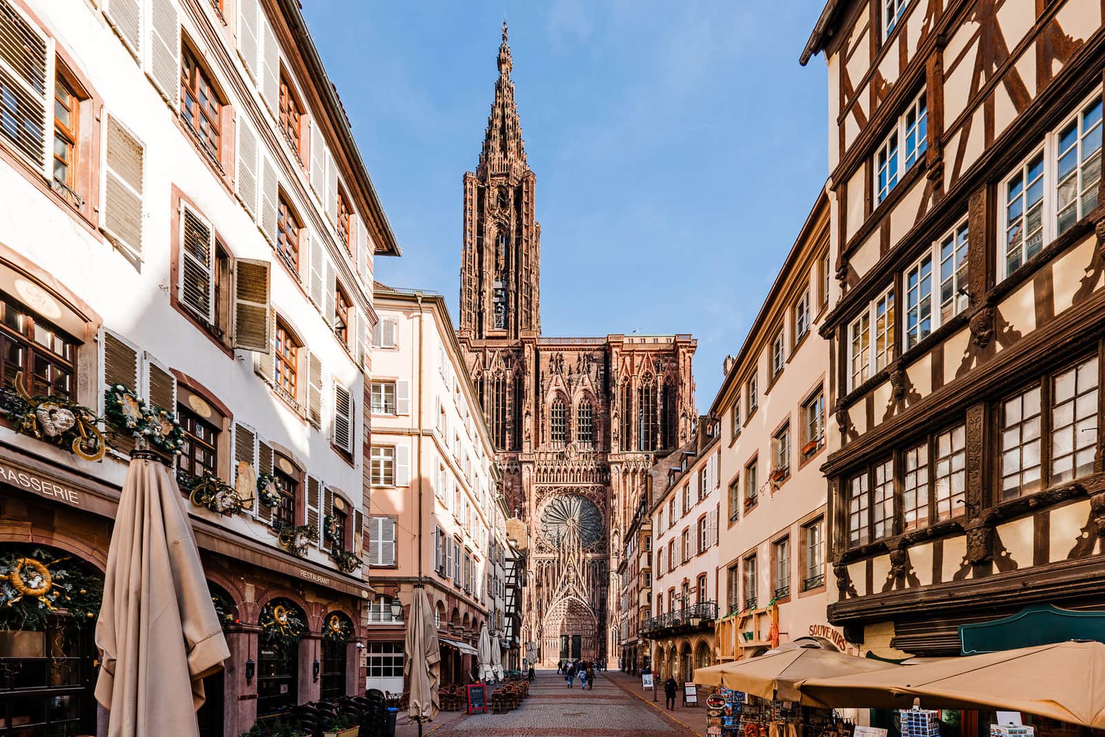 Strasbourg Cathedral framed by timber-framed buildings