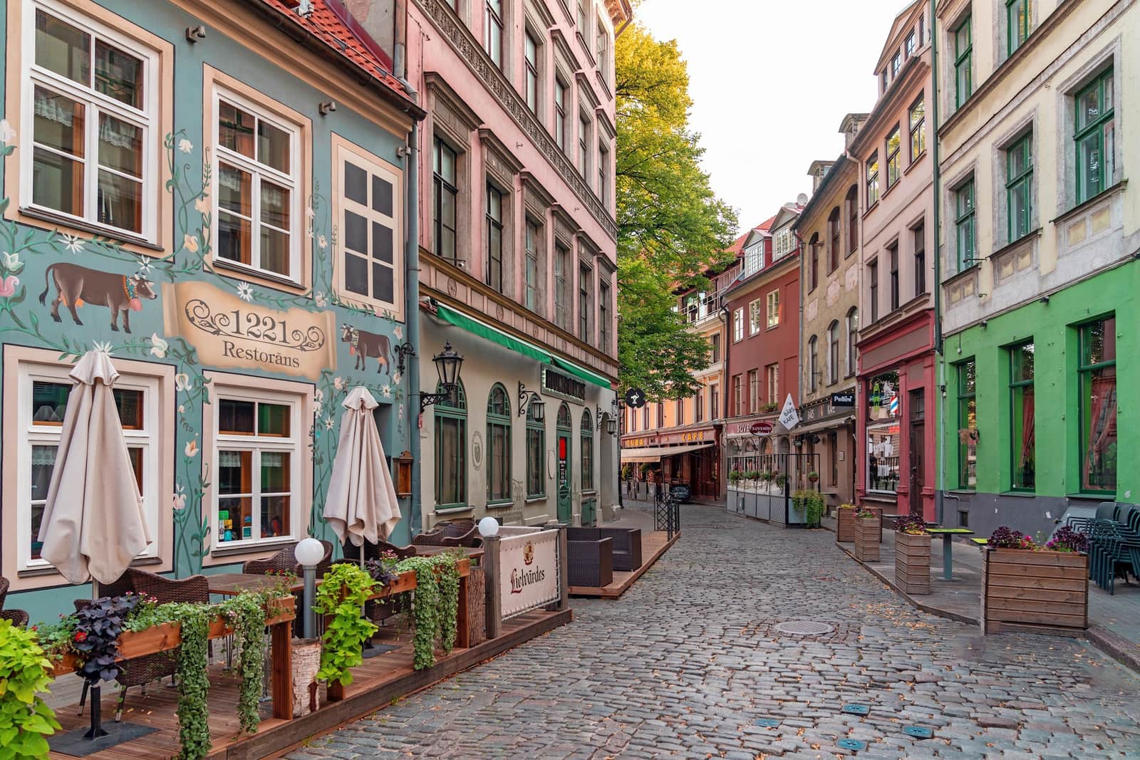 A traditional street with restaurants in Riga, Latvia