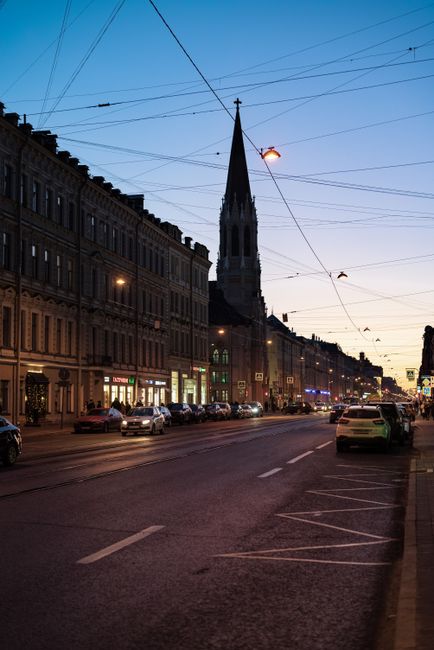 A European city street at dusk
